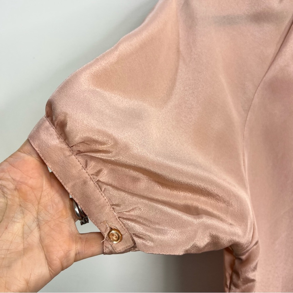 Vintage blush pink silky short puff sleeve smocked old money blouse S - Picture 10 of 13